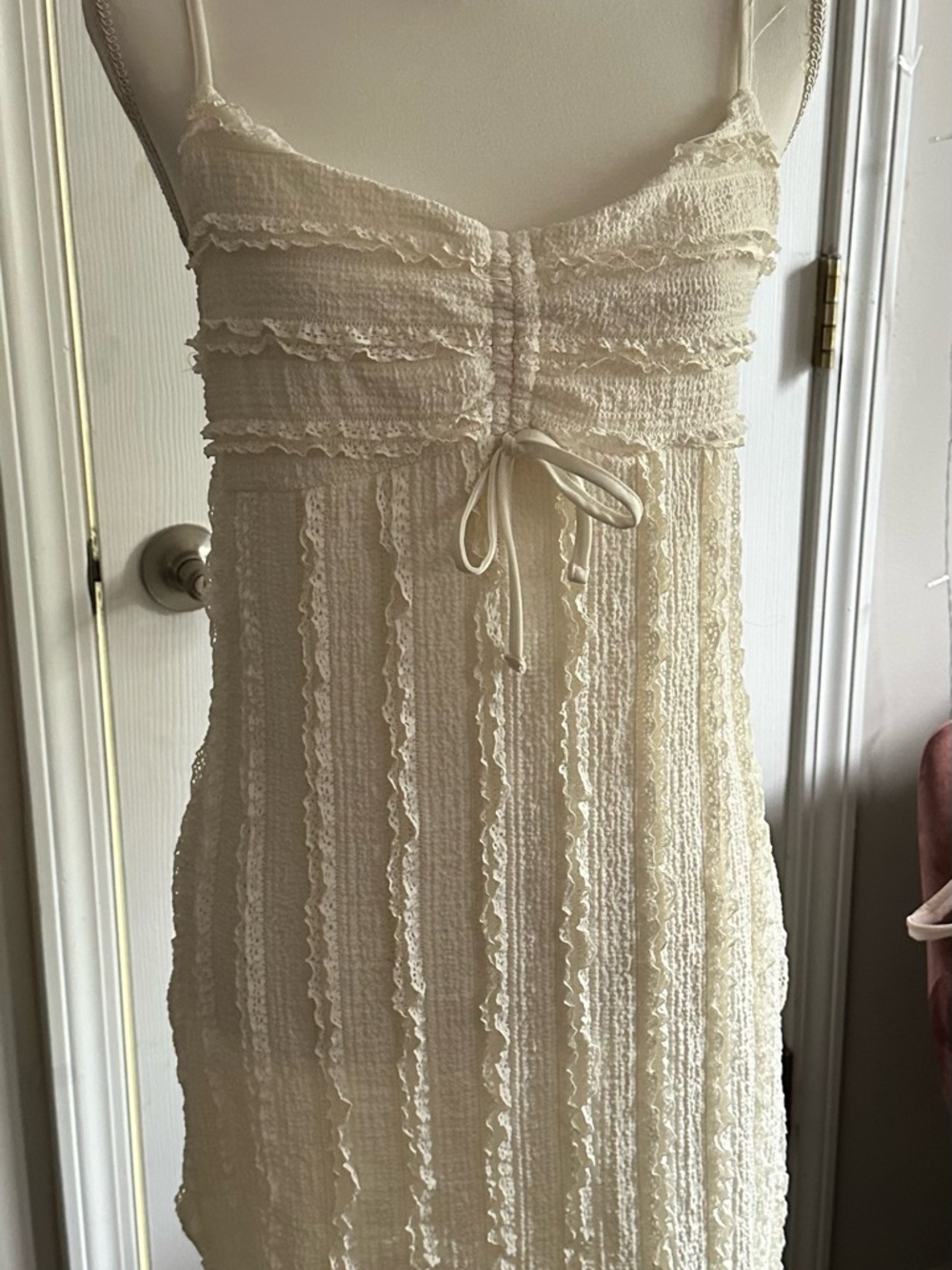 Cream Lace-Textured Spaghetti Strap Dress